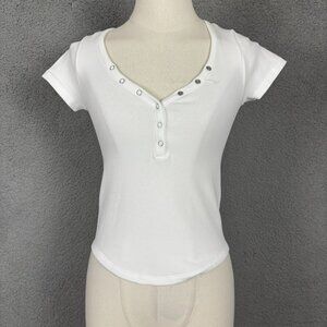 Planet Heart White Ribbed Short Sleeve Henley Top Small 3/4 Button Up NWOT's.